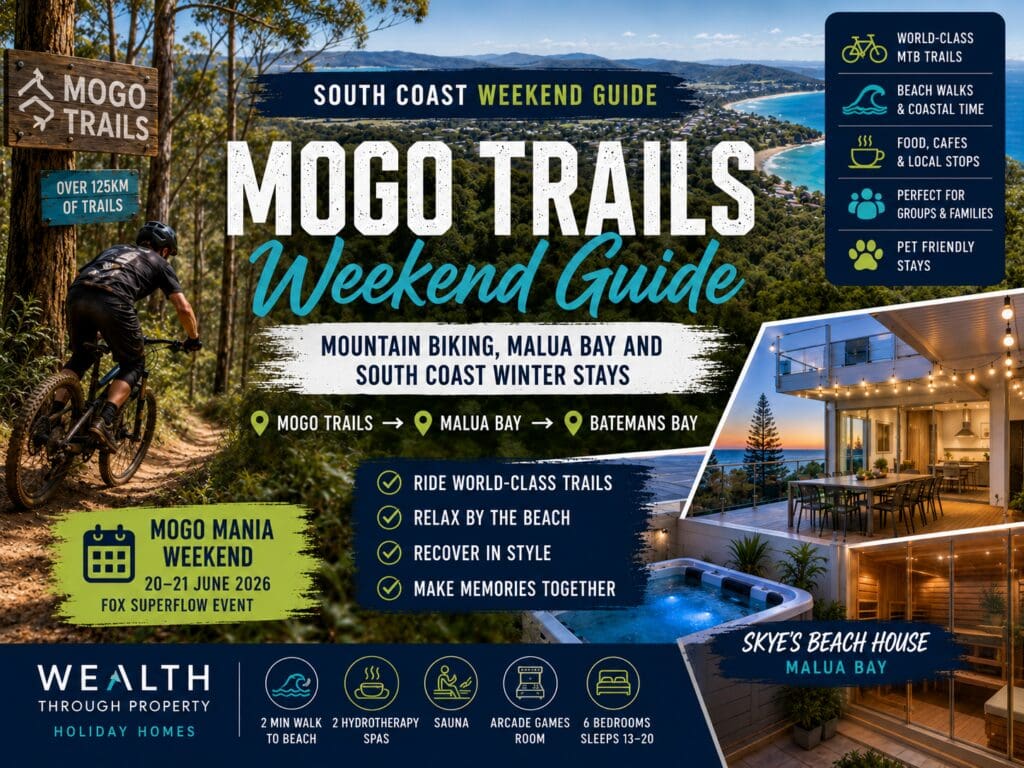 Featured image for a Mogo Trails and Malua Bay weekend guide, showing South Coast mountain biking and coastal holiday-home cues.