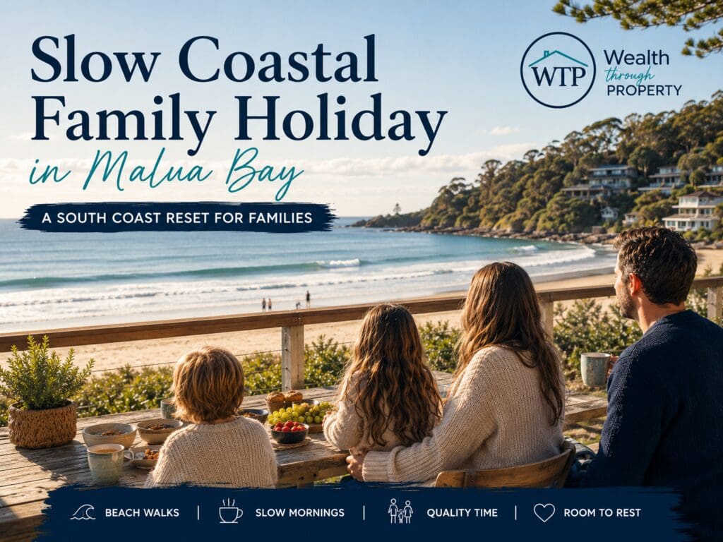 A calm coastal family holiday scene overlooking Malua Bay, showing a relaxed family moment by the beach for a slow South Coast reset.
