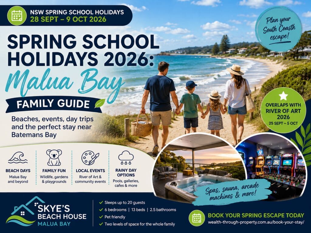 Spring school holidays 2026 Malua Bay family guide featuring beach, South Coast day trips and Skye’s Beach House stay cues.
