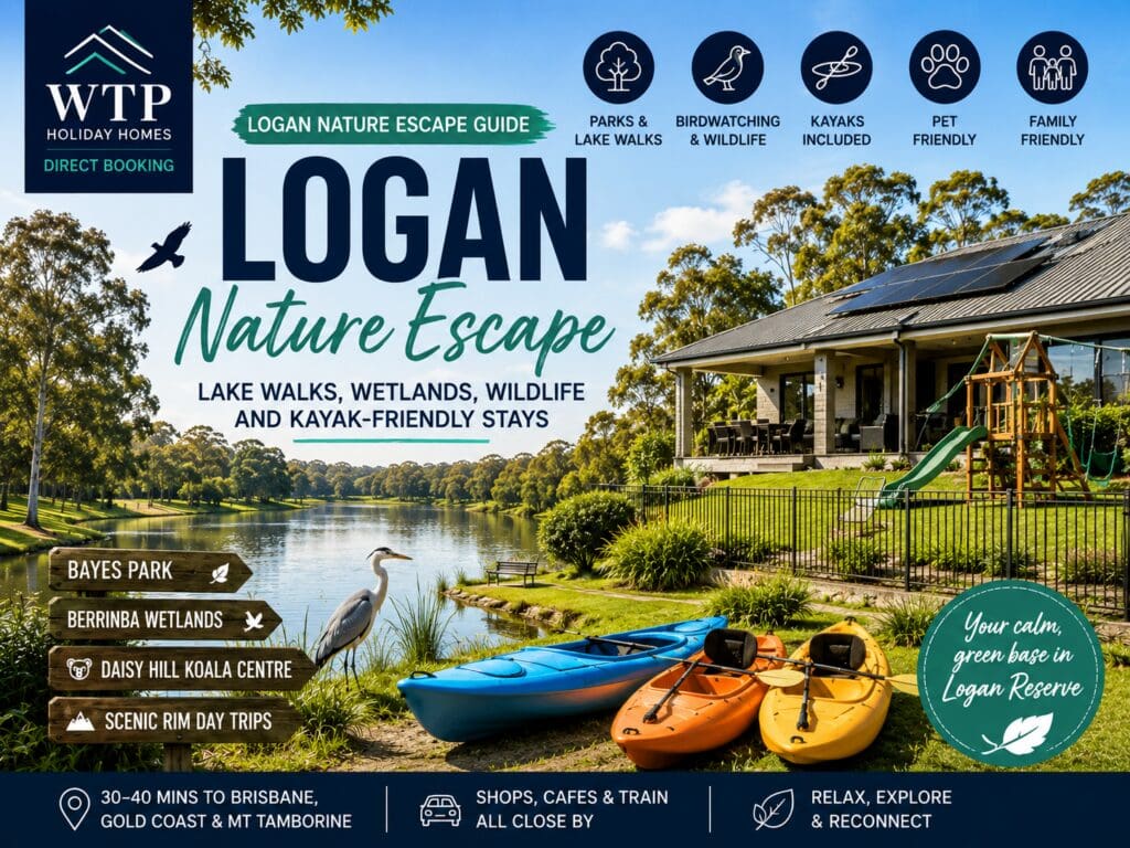 Featured image for a Logan nature escape guide showing lake access, kayaks, green parkland, wetlands and a calm family holiday-home setting.