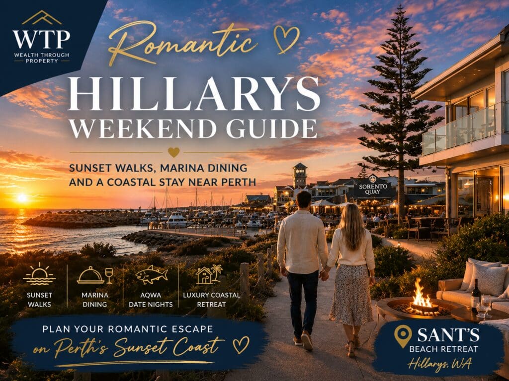 Romantic Hillarys weekend guide image showing a Perth Sunset Coast marina and beach-inspired getaway mood near Sant’s Beach Retreat.