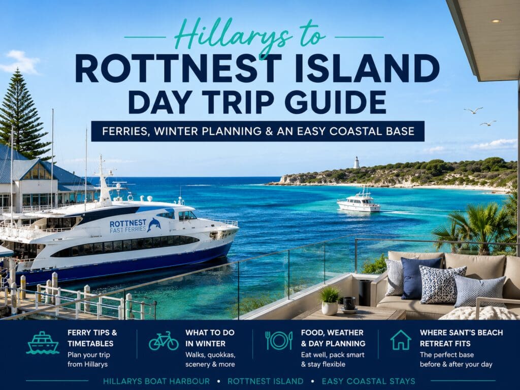 Featured image for a Hillarys to Rottnest Island day trip guide, showing a premium Perth coastal ferry and holiday home travel style.