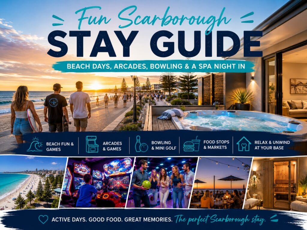 Featured image for a fun Scarborough stay guide, showing beach games, arcade-style activity cues, food stops and a relaxed spa-style coastal base.