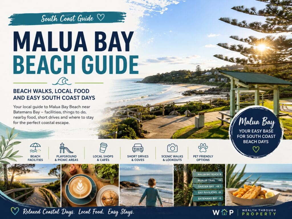 Featured image for a Malua Bay Beach guide near Batemans Bay, showing a South Coast beach day with local food, beach walks and a nearby coastal stay.