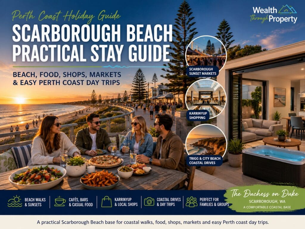 Featured image for a Scarborough Beach practical stay guide, showing Perth coast sunset, foreshore, food, shops and a comfortable coastal base.