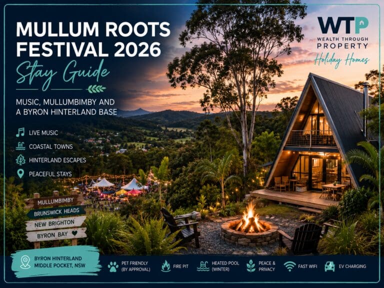 Featured image for a Mullum Roots Festival 2026 Byron Hinterland stay guide, showing a peaceful green retreat with music weekend and Northern Rivers travel cues.