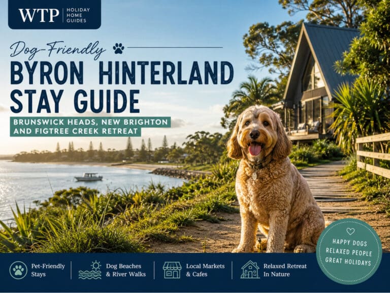 Featured image for a dog-friendly Byron Hinterland stay guide showing a calm retreat near Brunswick Heads and New Brighton with pet-friendly coastal cues.