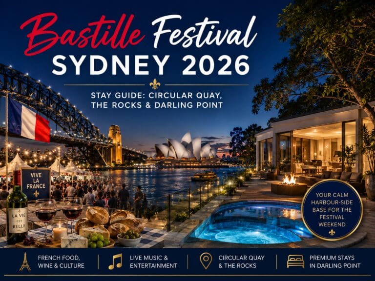 Featured image for a Bastille Festival Sydney 2026 stay guide, showing a premium Sydney harbour event weekend style with Darling Point accommodation cues.