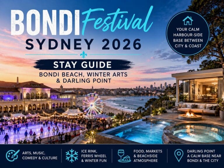 Featured image for a Bondi Festival 2026 stay guide, showing Bondi Beach winter festival atmosphere with Darling Point harbour-side accommodation cues.