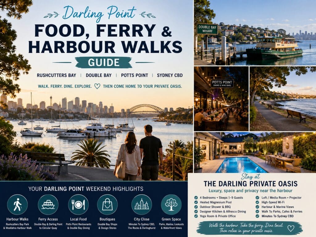Featured image for a Darling Point food, ferry and harbour walks guide, showing Rushcutters Bay marina, Double Bay ferry access, Potts Point dining and a private Sydney pool retreat.