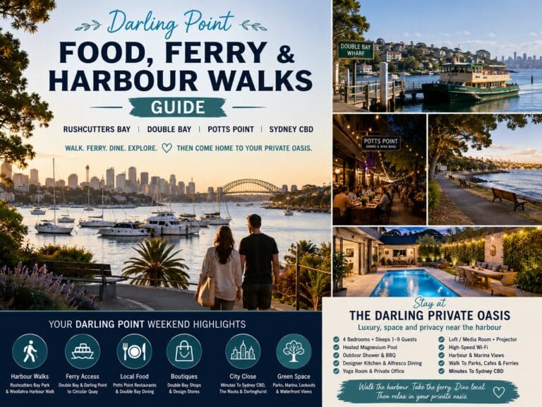 Featured image for a Darling Point food, ferry and harbour walks guide, showing Rushcutters Bay marina, Double Bay ferry access, Potts Point dining and a private Sydney pool retreat.