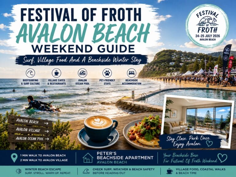 Featured image for a Festival of Froth Avalon Beach weekend guide, showing a premium Northern Beaches coastal event style with surf, beach and village cues.