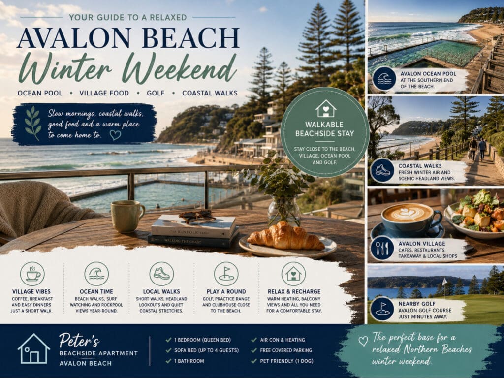 Featured image for an Avalon Beach winter weekend guide, showing a Northern Beaches coastal escape with ocean pool, village food, coastal walks and a beachside apartment stay.