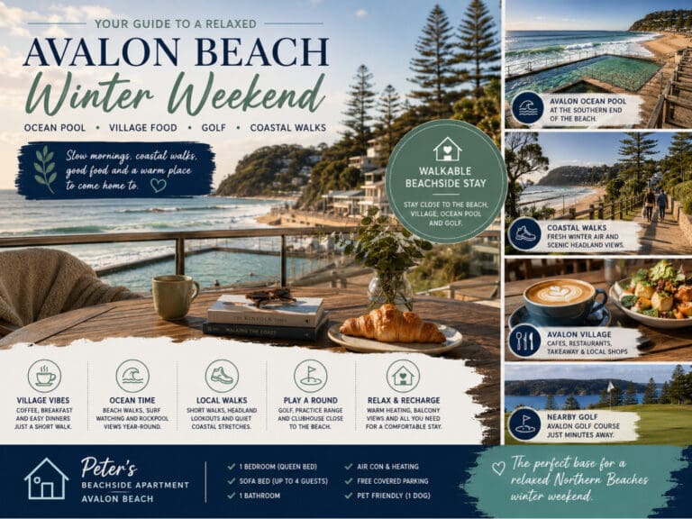Featured image for an Avalon Beach winter weekend guide, showing a Northern Beaches coastal escape with ocean pool, village food, coastal walks and a beachside apartment stay.