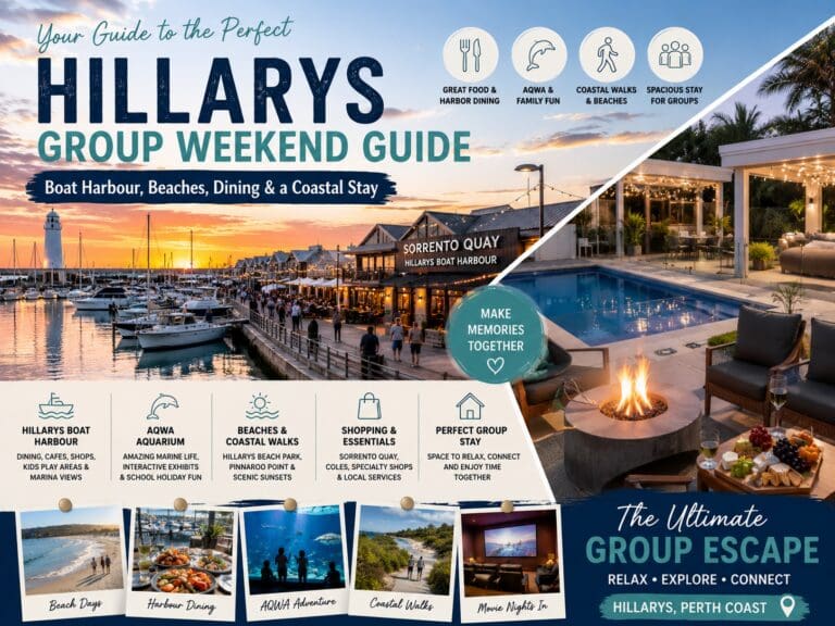 Featured image for a Hillarys group weekend guide, showing Hillarys Boat Harbour, beach walks, marina dining, AQWA and a spacious coastal stay for families or friends.