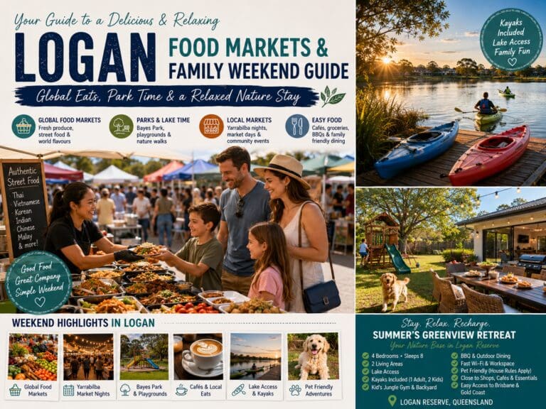 Featured image for a Logan food markets and family weekend guide, showing market food, park time, lake views, kayaks and a relaxed family nature stay.