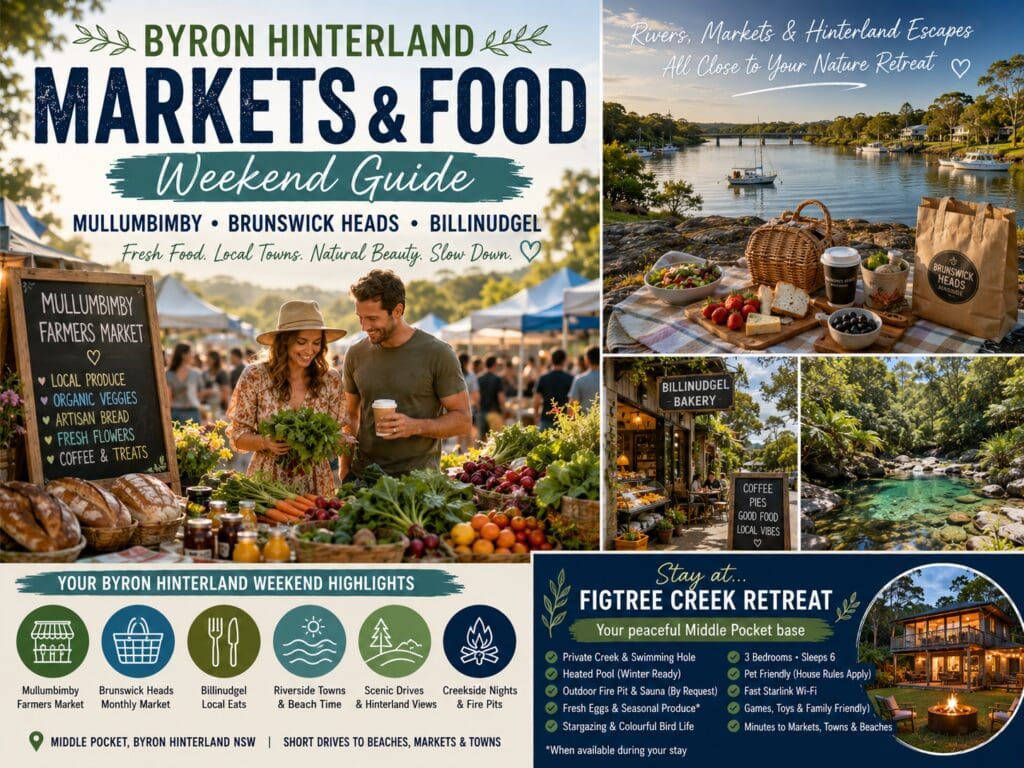 Featured image for a Byron Hinterland markets and food weekend guide, showing farmers market produce, riverside picnic cues, Billinudgel local food and a peaceful creek retreat.