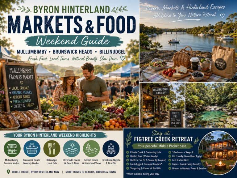 Featured image for a Byron Hinterland markets and food weekend guide, showing farmers market produce, riverside picnic cues, Billinudgel local food and a peaceful creek retreat.