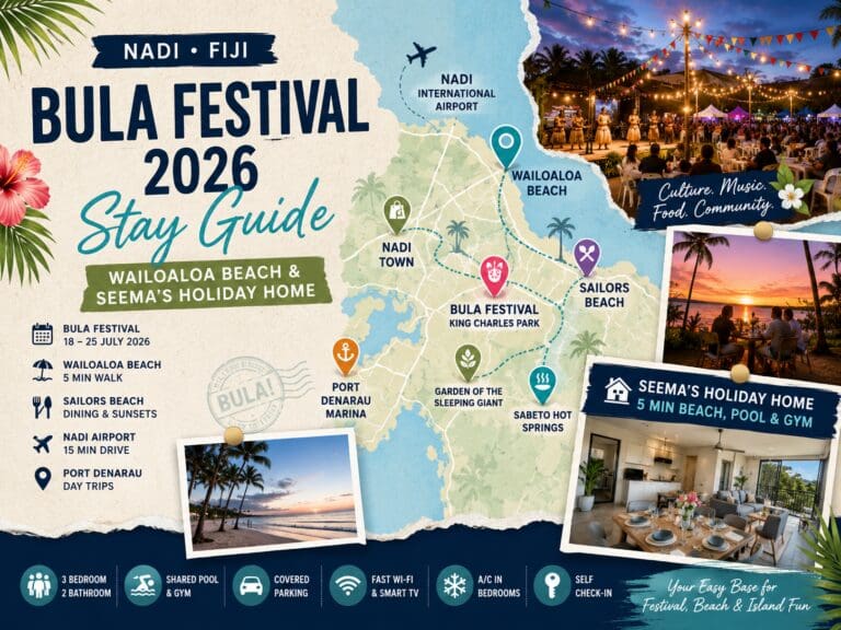 Featured image for a Nadi Bula Festival stay guide showing Wailoaloa Beach, Fiji festival cues, Sailors Beach dining and Seema’s Holiday Home apartment amenities.