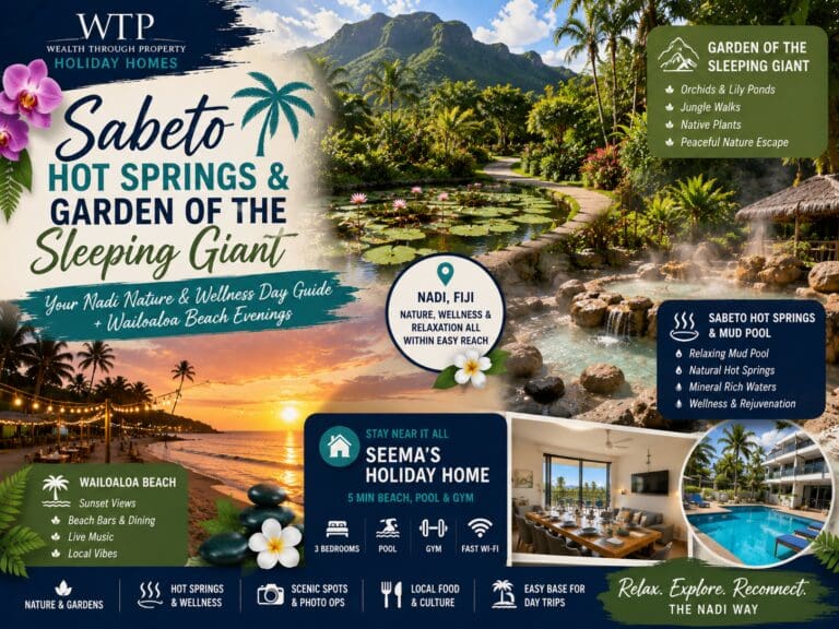 Featured image for a Nadi day trip guide showing Garden of the Sleeping Giant, Sabeto Hot Springs, Wailoaloa Beach and Seema’s Holiday Home cues.