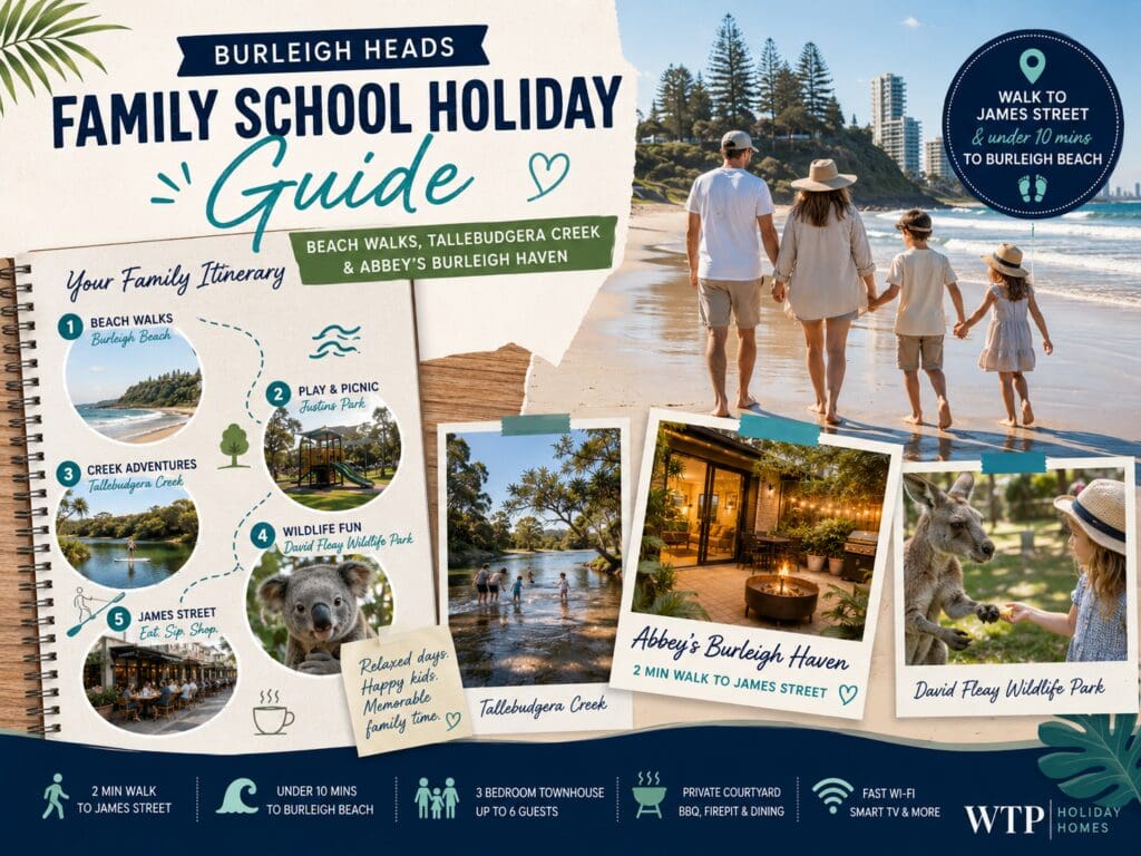Featured image for a Burleigh Heads family school holiday guide showing beach walks, Tallebudgera Creek, wildlife and townhouse accommodation cues.