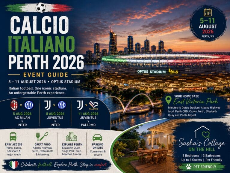 Calcio Italiano Perth 2026 featured image showing Optus Stadium and a Perth event stay guide near East Victoria Park.