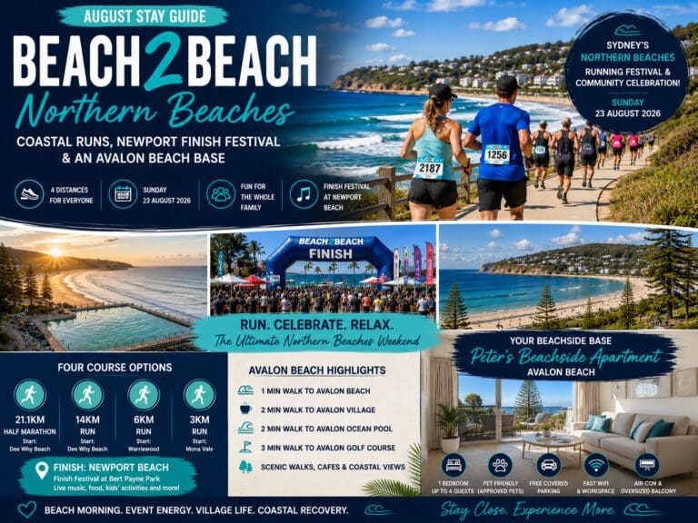 Beach2Beach Northern Beaches August stay guide showing coastal runners, Newport Beach finish festival, Avalon Beach and Peter’s Beachside Apartment as a beachside base.