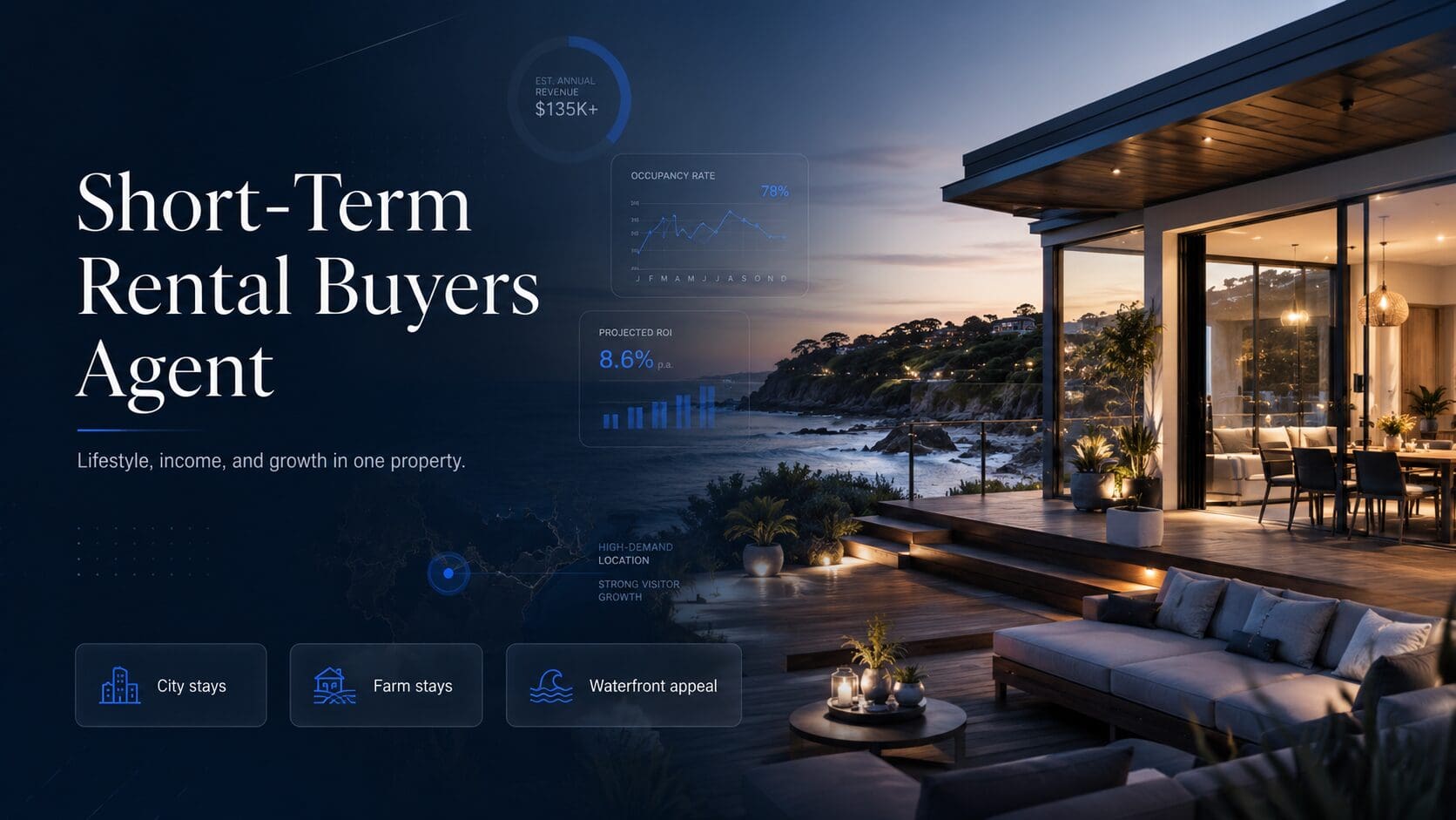 Short-Term Rental Buyers Agent hero image showing a premium coastal holiday property with income, occupancy, and visitor demand insights.