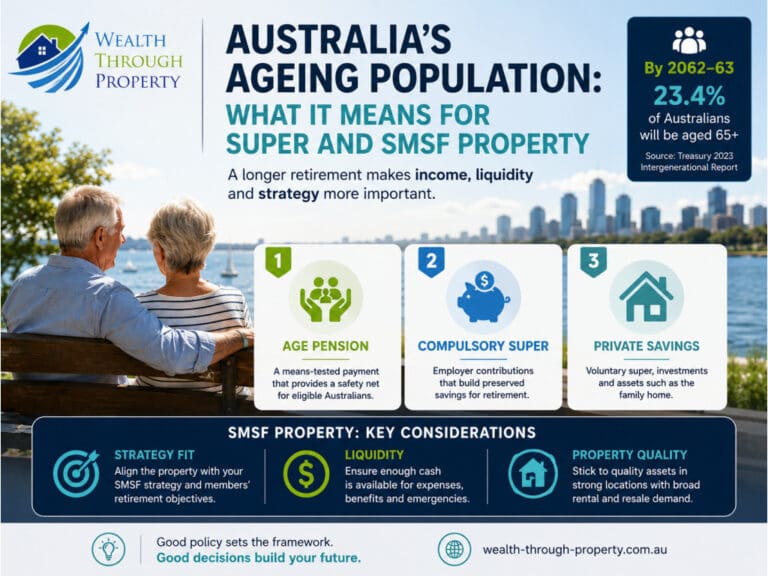 Older Australians beside Age Pension, superannuation, private savings and SMSF property planning panels.