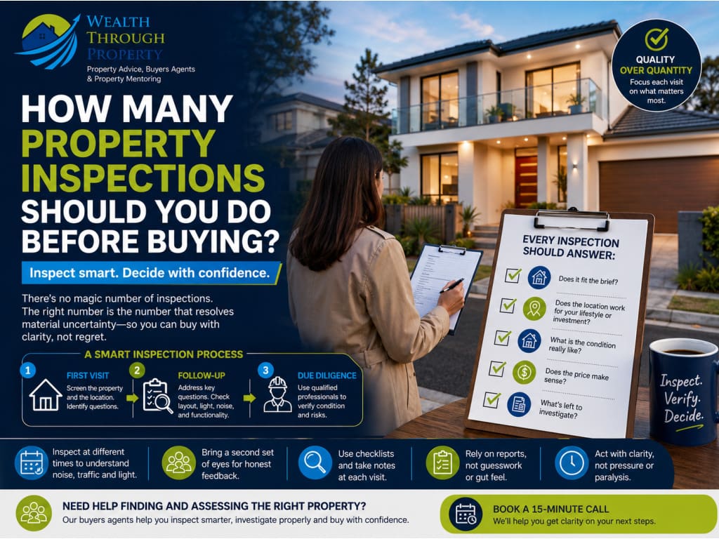 Buyer reviewing a property inspection checklist across multiple visits to an Australian home.