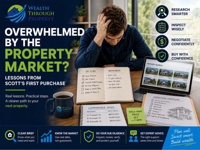 Overwhelmed first-home buyer reviewing property listings, finance information, comparable sales and inspection notes.