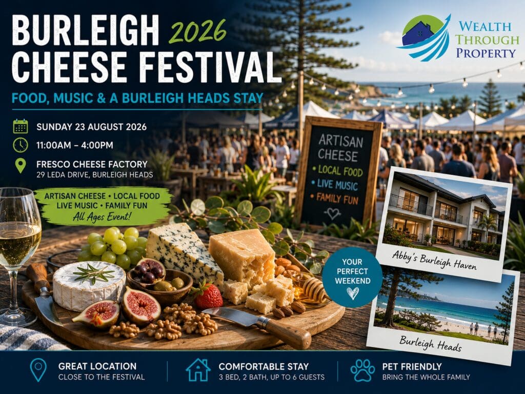 Artisan cheese board and relaxed outdoor festival scene representing the Burleigh Cheese Festival 2026 in Burleigh Heads.