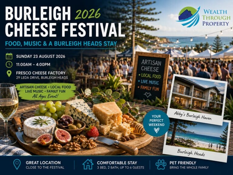 Artisan cheese board and relaxed outdoor festival scene representing the Burleigh Cheese Festival 2026 in Burleigh Heads.