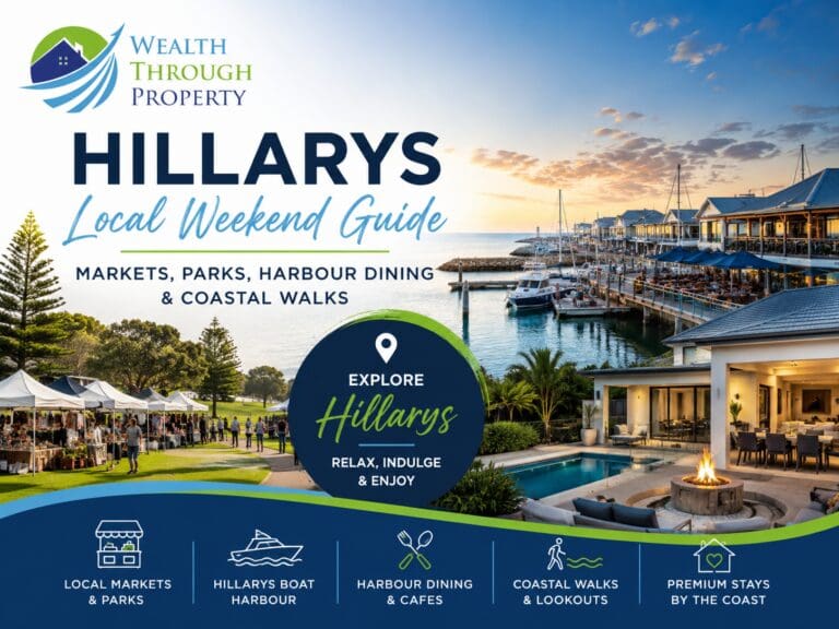 Hillarys weekend guide featured image showing a coastal marina, local park, market stalls and a relaxed Perth Sunset Coast atmosphere.