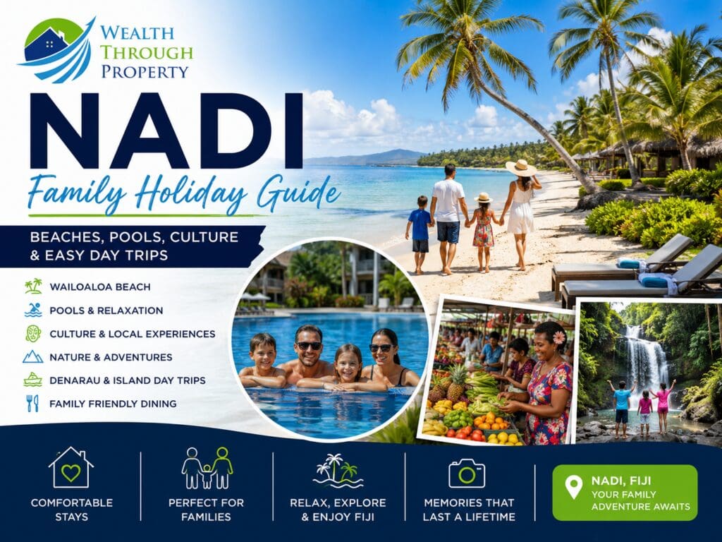 Nadi family holiday guide featuring Wailoaloa Beach, tropical activities, a swimming pool and family day-trip cues in Fiji.