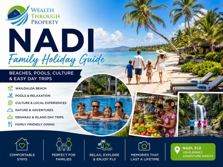 Nadi family holiday guide featuring Wailoaloa Beach, tropical activities, a swimming pool and family day-trip cues in Fiji.