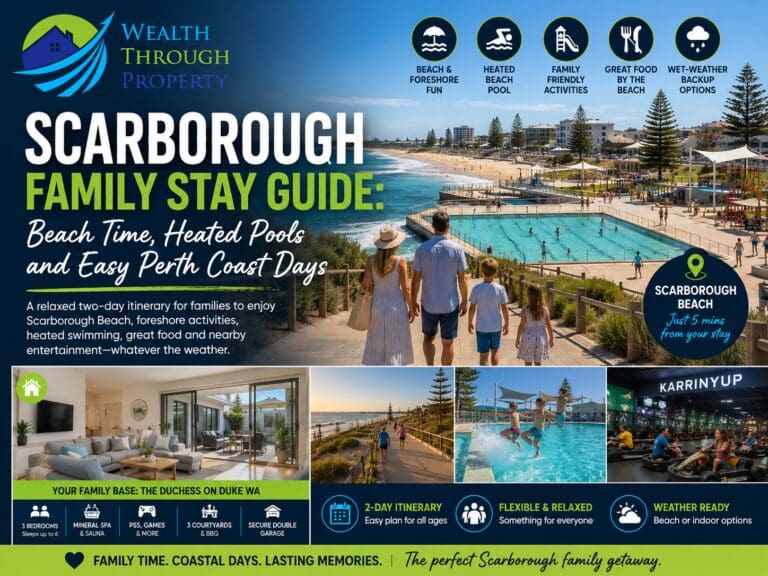 Family Scarborough Beach holiday guide showing the Perth coast, heated pool, foreshore activities and a relaxed family accommodation base.