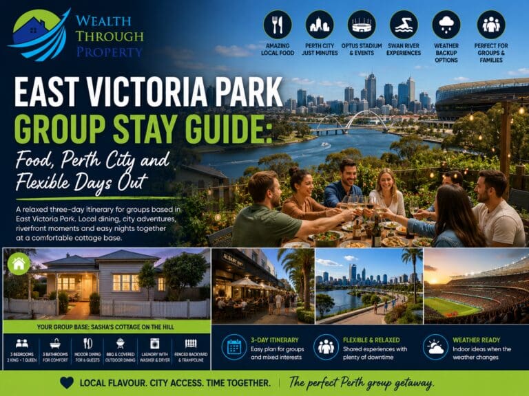 East Victoria Park group stay guide featuring Perth city, riverside activities, Albany Highway dining and a practical cottage base.