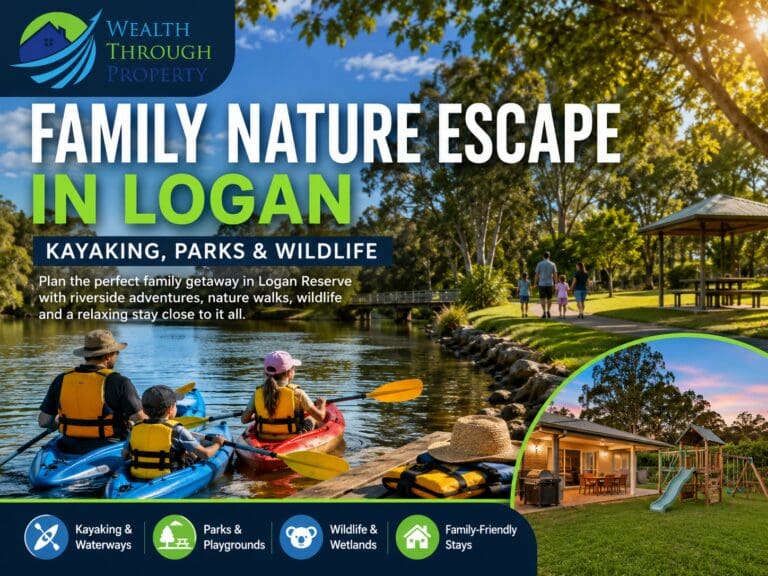 Family nature escape in Logan with kayaks beside a leafy waterway and parkland near Logan Reserve.