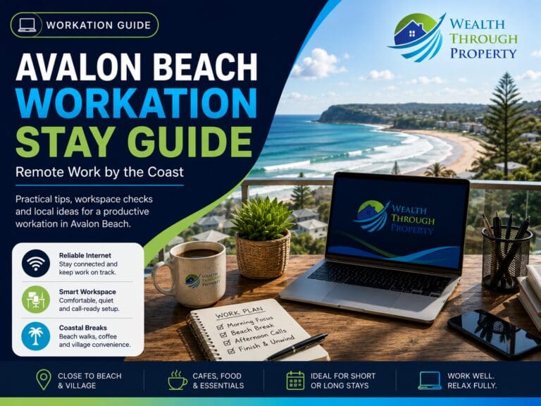 Laptop and notebook set up for remote work in a bright Avalon Beach apartment with the coast visible nearby.