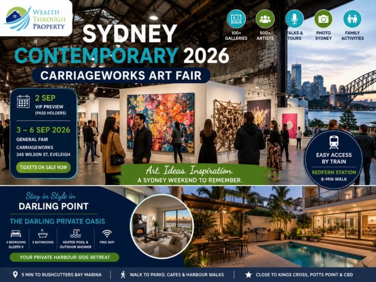 Sydney Contemporary art fair at Carriageworks with contemporary installations, gallery visitors and a private Darling Point retreat near Sydney Harbour.