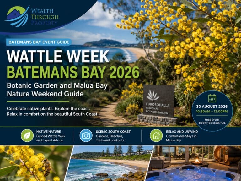 Golden wattle beside a botanic garden walking path with Malua Bay coastal scenery for a Batemans Bay Wattle Week guide.