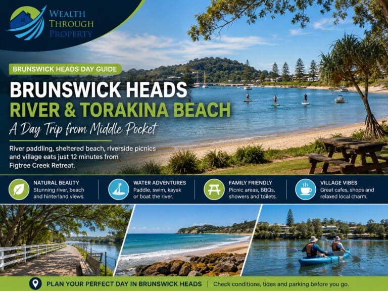 Brunswick Heads River and Torakina Beach with paddling, picnic and green Byron Hinterland scenery.