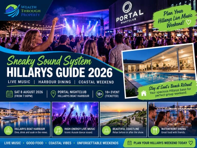 Sneaky Sound System Hillarys weekend guide showing live dance music, Hillarys Boat Harbour, waterfront dining and a coastal group stay.
