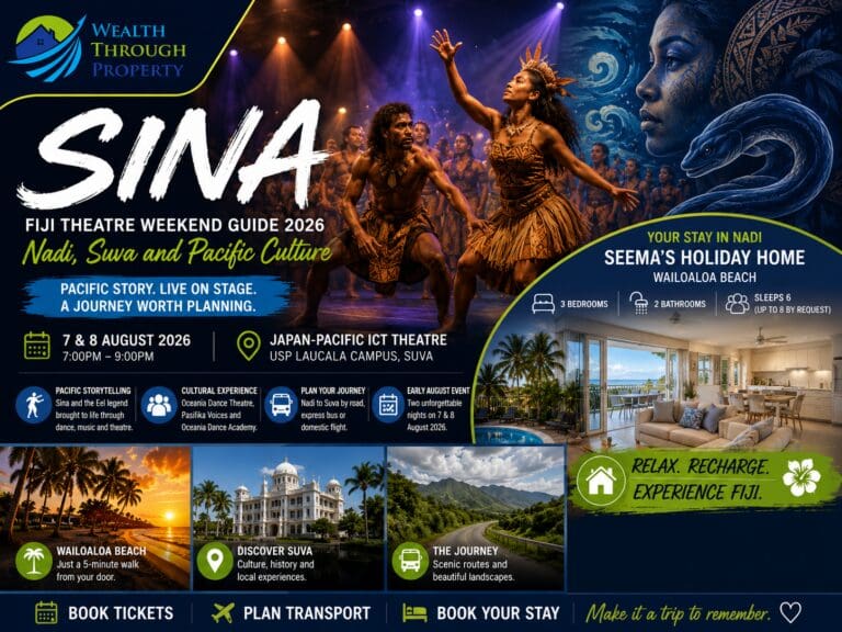 Sina Fiji theatre weekend guide showing Pacific dance, music and storytelling with Nadi, Suva and Wailoaloa travel elements.