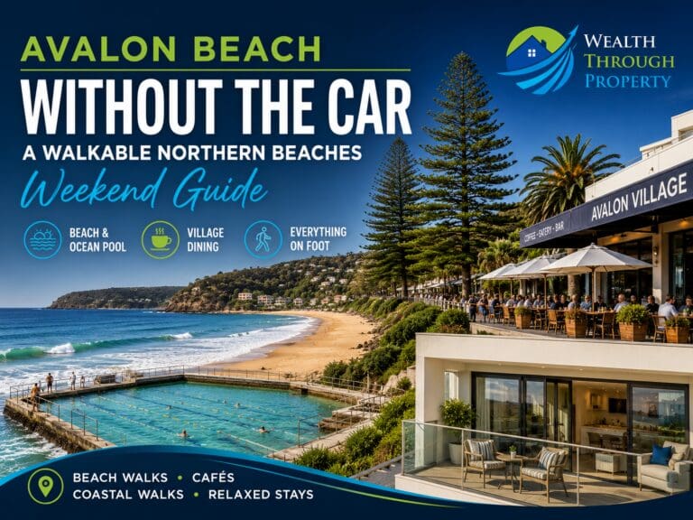 Avalon Beach, its ocean pool and village represented in a premium Northern Beaches weekend guide image with a nearby beachside apartment.