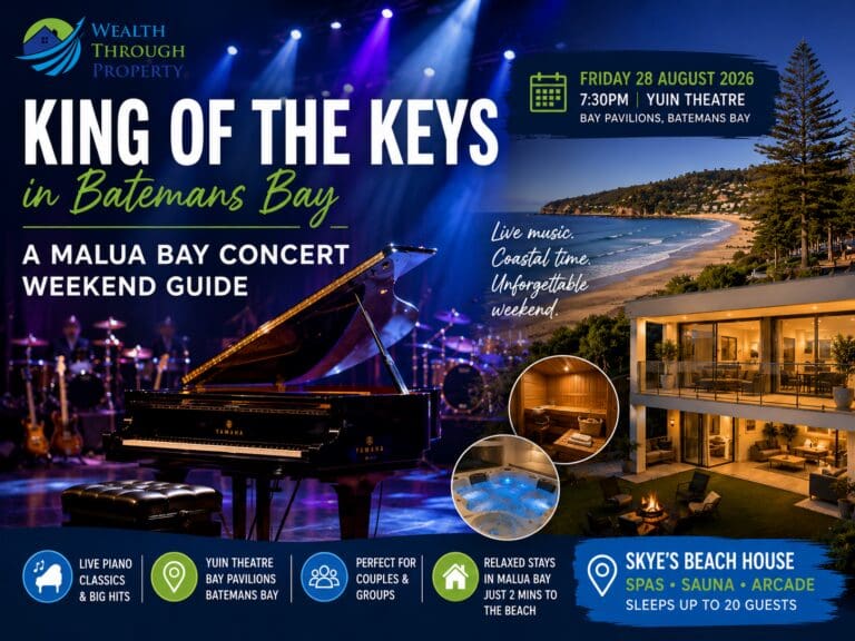 Grand piano and concert lighting blended with Malua Bay coastal scenery for a King of the Keys Batemans Bay weekend guide.