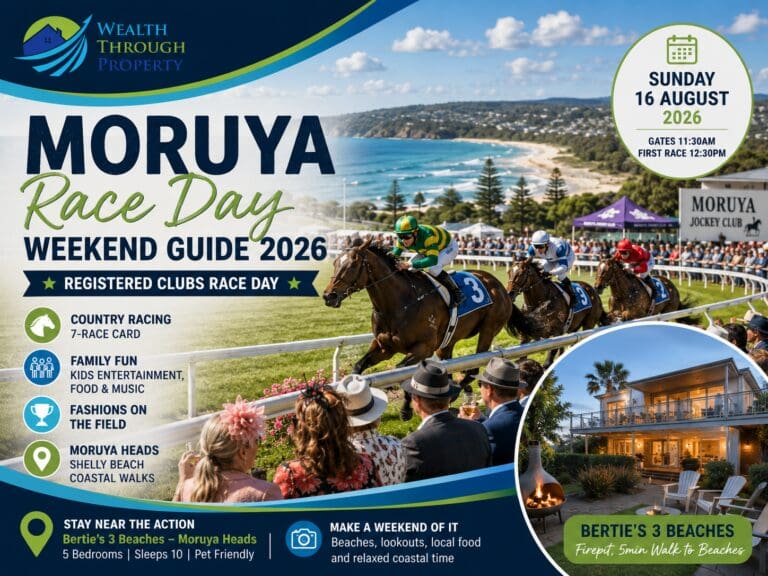Moruya Race Day 2026 weekend guide showing country horse racing, family entertainment, Shelly Beach and a Moruya Heads coastal stay.