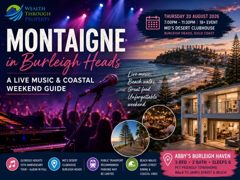 Live concert lighting blended with Burleigh Beach and coastal townhome imagery for a Montaigne Burleigh Heads weekend guide.