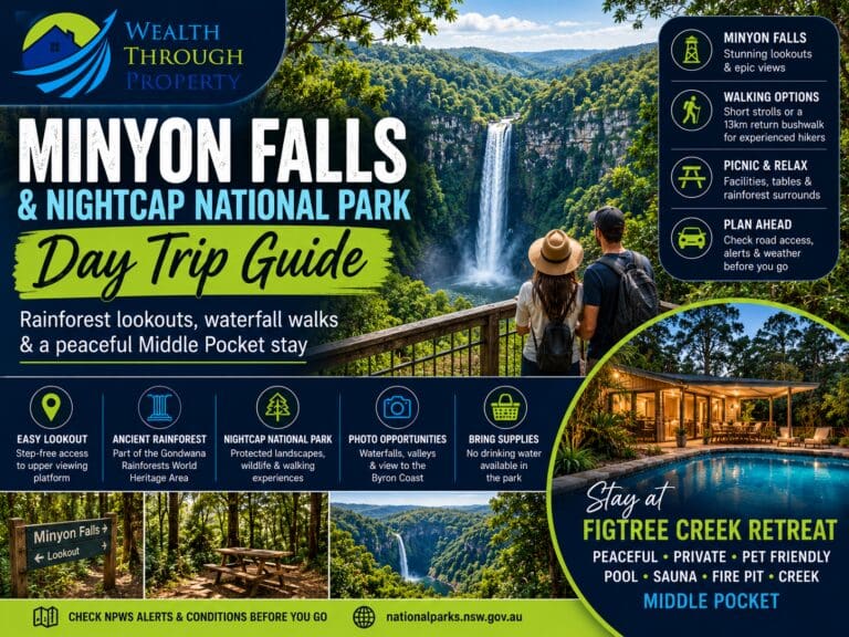 Minyon Falls and Nightcap National Park day-trip guide showing rainforest, the waterfall lookout and a peaceful Middle Pocket cottage stay.